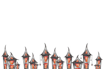 Watercolor illustration of hand painted black houses with red windows, crooked roof. Building on fire. Lantern. Haunted mansion. Cemetery. Frame template on white background for Halloween card, poster
