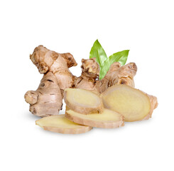 Fresh ginger rhizome and sliced with leaves isolated on transparent background. (.PNG)