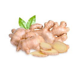 Fresh ginger rhizome and sliced with leaves isolated on transparent background. (.PNG)