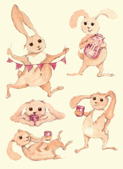 Watercolor set of illustrations of a cheerful hare in different poses. The hare dances with a garland, drinks from a mug, holds a jar of milk, lies on its back or stomach. Illustrations isolated