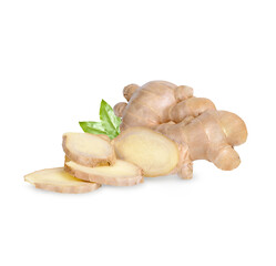 Fresh ginger rhizome and sliced with leaves isolated on transparent background. (.PNG)