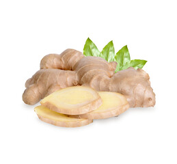 Fresh ginger rhizome and sliced with leaves isolated on transparent background. (.PNG)