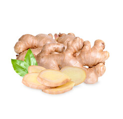 Fresh ginger rhizome and sliced with leaves isolated on transparent background. (.PNG)