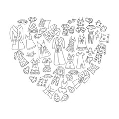 Set of funny pajamas and nightgowns, pillows and fireboxes arranged in a heart composition. Vector illustration of hand-drawn elements in a linear doodle style and isolated on a white.coloring book
