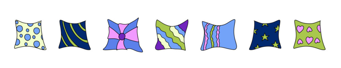 set of cute pillows in doodle style. Horizontal composition of a vector illustration