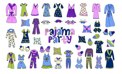 Set of cute drawings of pajamas, slippers, dressing gowns and nightgowns. Lettering is a pajama party surrounded by design elements. Vector illustration for postcards hand-drawn in doodle style.