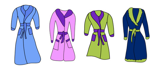 set of cute spa robes in doodle style. Horizontal composition of a vector illustration