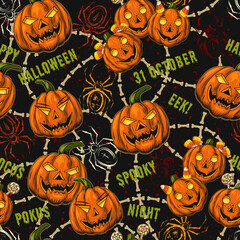 Seamless halloween pattern with happy funny pumpkin family, grunge spider sihouette, text, bones. Pumpkins stylized as human characters. Textured background with small abstract particles like dust