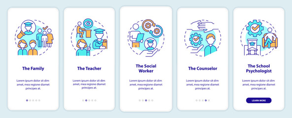 Who should participate onboarding mobile app screen. Family, teacher walkthrough 5 steps editable graphic instructions with linear concepts. UI, UX, GUI template. Myriad Pro-Bold, Regular fonts used