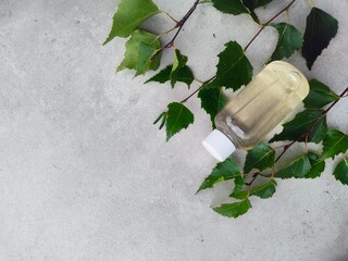 Woda brzozowa naturalna w butelce na tle liści © Kinga