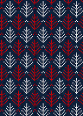Christmas Scandinavian flat style white and blue knitted seamless pattern with trees