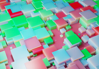 Fototapeta na wymiar 3D render background with geometric shapes and different colors. Squares and cubes with beautiful surfaces