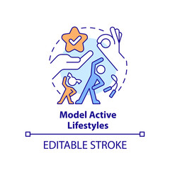 Model active lifestyles concept icon. Role of school leader in mental health abstract idea thin line illustration. Isolated outline drawing. Editable stroke. Arial, Myriad Pro-Bold fonts used