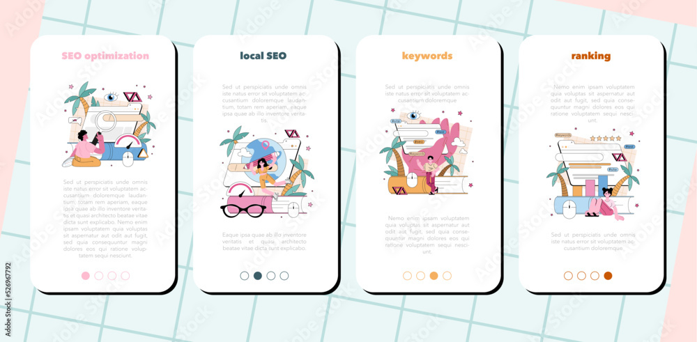 Sticker seo optimization mobile application banner set. idea of search engine
