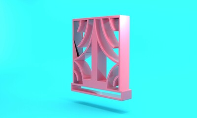 Pink Window with curtains in the room icon isolated on turquoise blue background. Minimalism concept. 3D render illustration