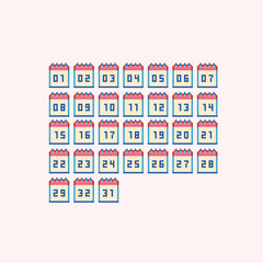 Calendar pages pixel art set. Month day numbers collection. 8 bit sprite. Game development, mobile app.  Isolated vector illustration.