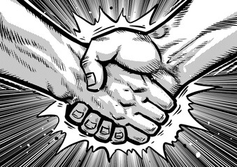 力強い握手をする劇画マンガ風イラスト