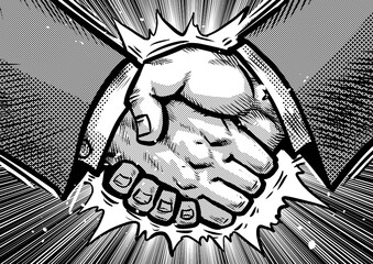 力強い握手をする劇画マンガ風イラスト