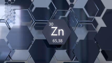 Zinc. Scientific medical research, the effect on human health. The designation of Zinc in the periodic table. 3d rendering