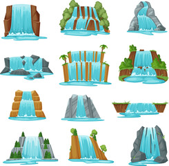 Picturesque waterfalls falling from rock stones set. Clear water flow streaming from cliffs. Falling water cascades. Natural mountain landscapes and tourist attraction design cartoon vector © Svetlanas01