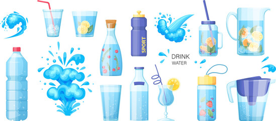 Different plastic and glass water packaging set. Bottle, jug, filter, glass and cup with fresh clean water and lemonade with fruit and berries. Design templates of packaging mockup cartoon vector
