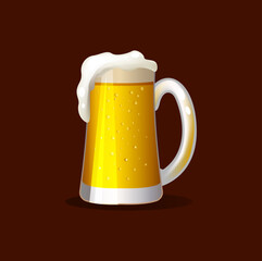 Old glass mug of cold beer with froth. Shiny mug of fresh cold alcohol beverage. Beer festival symbol. Oktoberfest, St Patrick Day design 3d vector