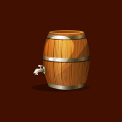 Old wooden oak barrel keg with steel tap. Storage tank cask container with metal rims for wine, beer or whiskey alcohol beverages 3d vector
