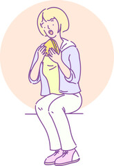 Hungry cute teenage girl sitting and eating sandwich. Blonde girl student enjoying of eating of fast food meal between classes at school. Schoolgirl in casual clothes with open mouth hand drawn 