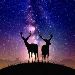 Deer family on hill. Animal silhouettes. Night starry sky, Milky Way