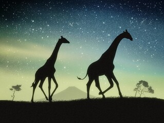 Giraffes walk in savannah. Animal silhouette. Night blue starry sky