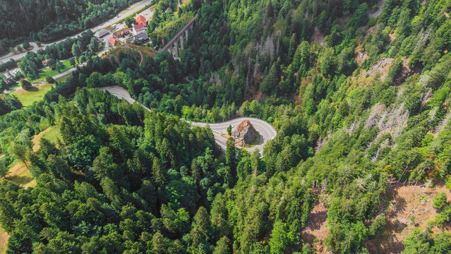 Ravenna Bridge Viadukt Ravennaschlucht  - Drone view of the winding highway in the Black Forest - Drone Aerial Images Road With Cars