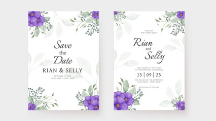 Modern set of wedding invitation cards with beautiful purple floral