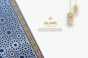 Islamic background design template with blue and white color