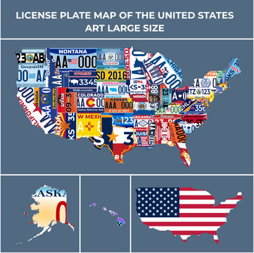 Complete Set 51 United States License Plates - All 51 USA States, Special Design And Regulation For All States, Car numbers of vehicle registration in USA states (abstract numbers) with USA map