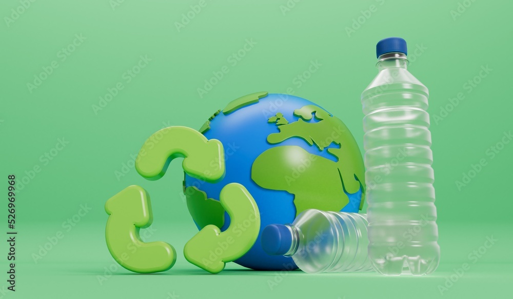 Wall mural earth globe with empty plastic bottles and recycle symbol. global plastic pollution concept. 3d rend