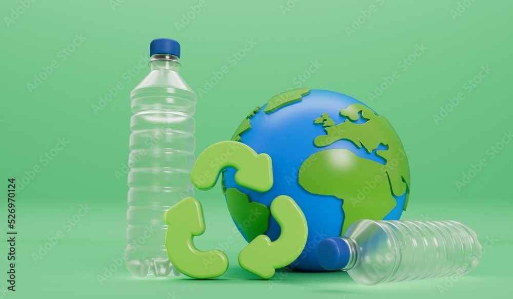Wall mural earth globe with empty plastic bottles and recycle symbol. global plastic pollution concept. 3d rend
