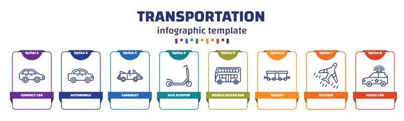 infographic template with icons and 8 options or steps. infographic for transportation concept. included compact car, automobile, cabriolet, kick scooter, double decker bus, wagon, jetliner, police - obrazy, fototapety, plakaty
