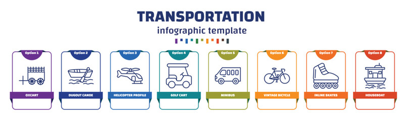infographic template with icons and 8 options or steps. infographic for transportation concept. included oxcart, dugout canoe, helicopter profile, golf cart, minibus, vintage bicycle, inline skates, - obrazy, fototapety, plakaty