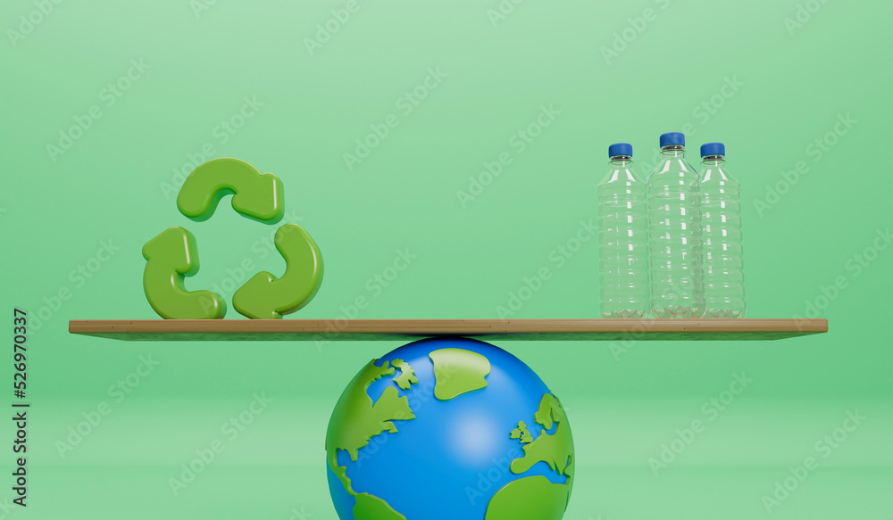 Wall mural earth globe with empty plastic bottles and recycle symbol. global plastic pollution concept. 3d rend