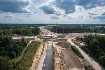 Drone photo of building site of express road S7, view in Ruda village near Tarczyn city, Poland