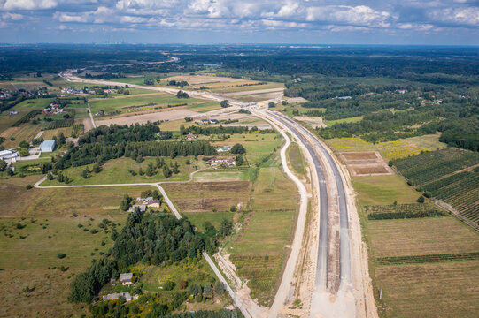 Drone view of building site of express road S7, view in Ruda village near Tarczyn in Poland