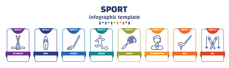 infographic template with icons and 8 options or steps. infographic for sport concept. included ice hockey, surf, hockey, soccer, tennis, commentator, golf, ski icons.