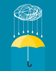 Yellow umbrella open protection water drop rain hanging on white tangle cloud blue background rainy season flat vector icon design.
