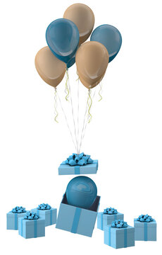 Blue Gift Box And Balloon Floating Minimal Transparent Background PSD FILE 3D Render