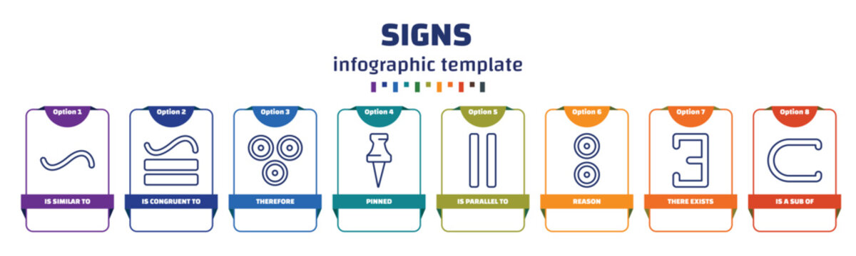 infographic template with icons and 8 options or steps. infographic for signs concept. included is similar to, is congruent to, therefore, pinned, is parallel to, reason, there exists, a sub of