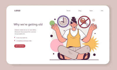 Longevity concept. Woman is meditating, sitting in lotus position,