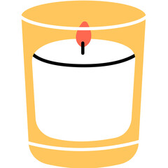 Decorative wax scented candle in a simple flat style. Png cartoon illustration on transparent background. Aromatherapy, relaxation, flame, rest, design element.