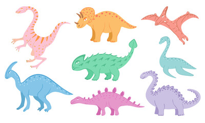 Dinosaurs set, ankylosaurus, brachiosaurus, diplodocus, pterodactyl etc.Vector Illustration for printing, backgrounds, covers and packaging. Isolated on white background.