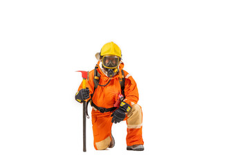 Firefighter man wearing protective fire suite and helmet with equipment and accessories is fire...
