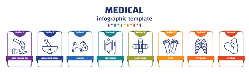 infographic template with icons and 8 options or steps. infographic for medical concept. included acid falling on hand, medicines bowl, canine, perfusion, plastering, dead, sternum, strong icons.